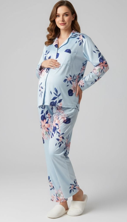 Baby Blue Flower Buttoned Set
