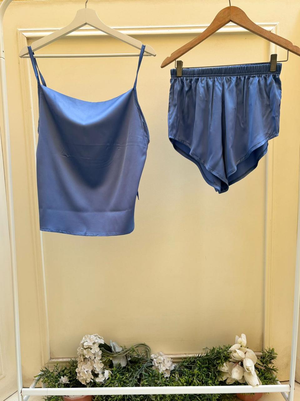 Baby Blue Plain Satin Shorts Set