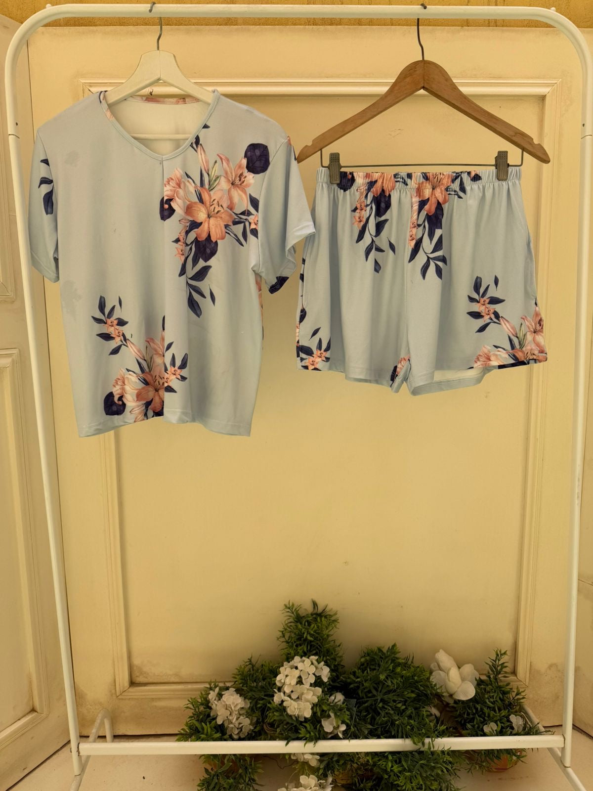 Baby Blue Flowers Shorts Set