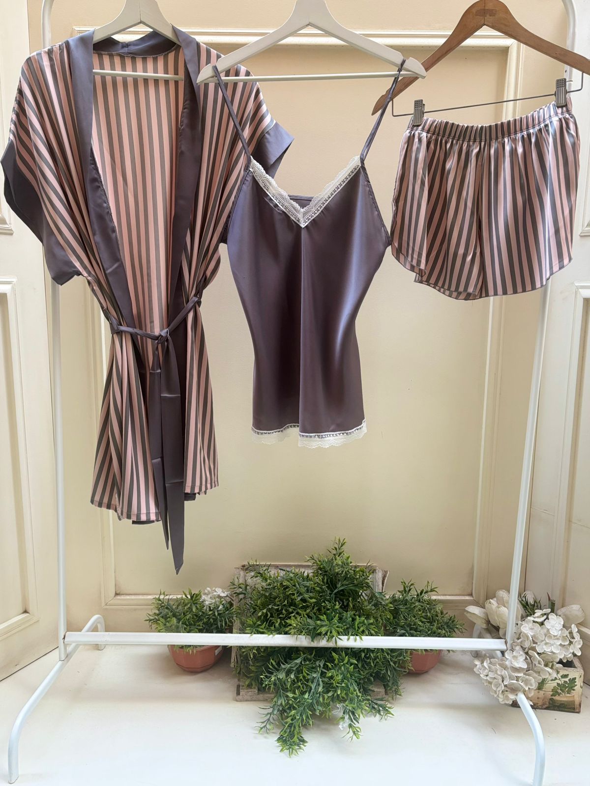 Grey Stripes Satin Short Set