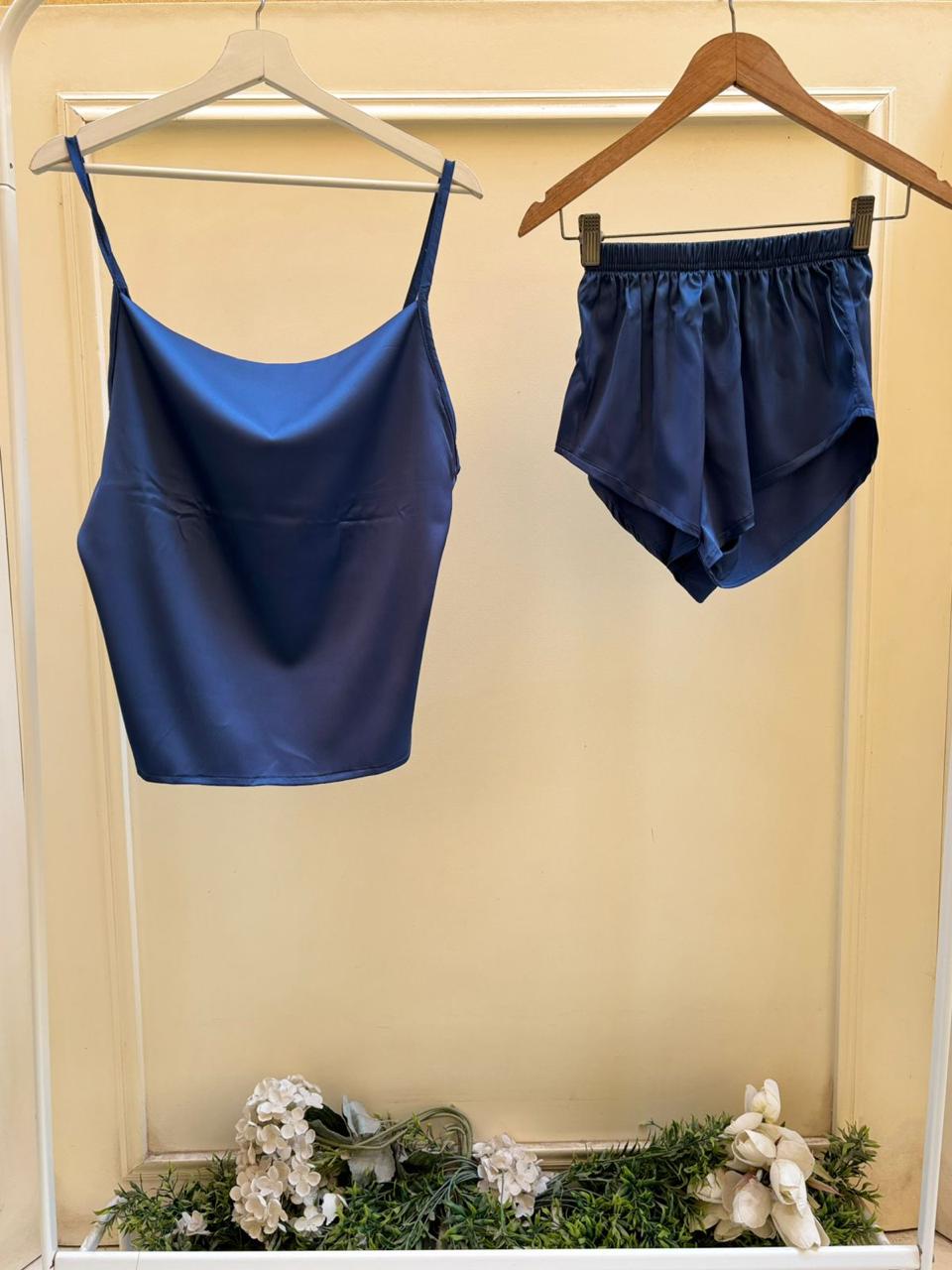 Navy Blue Satin Shorts Set