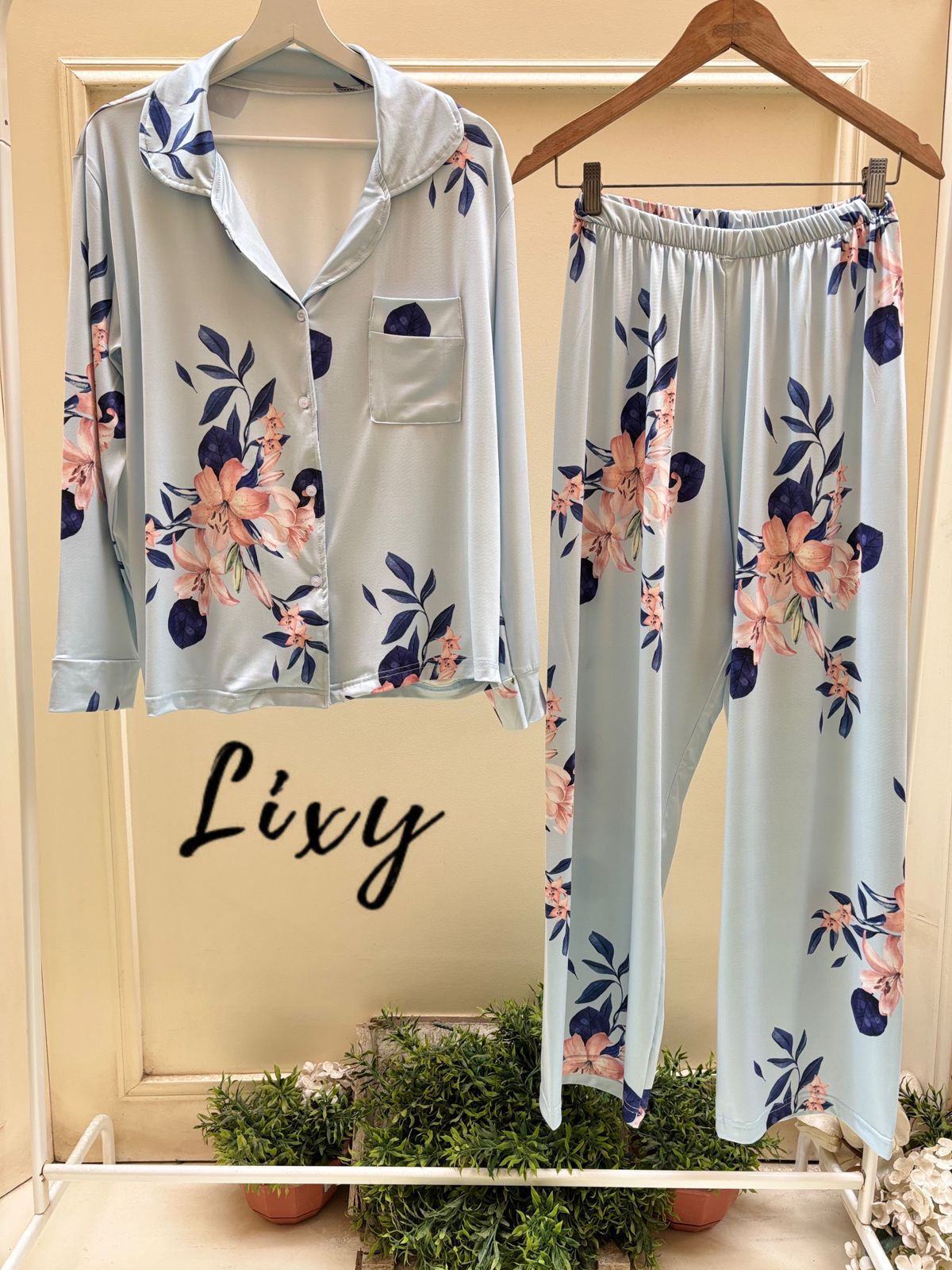 Baby Blue Flower Buttoned Set