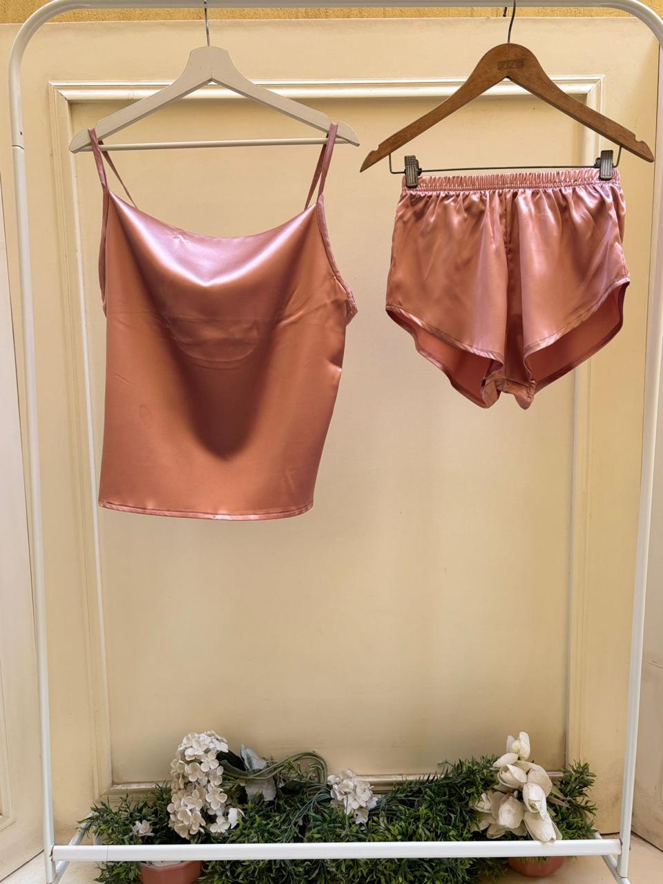 Rose Plain Satin Shorts Set