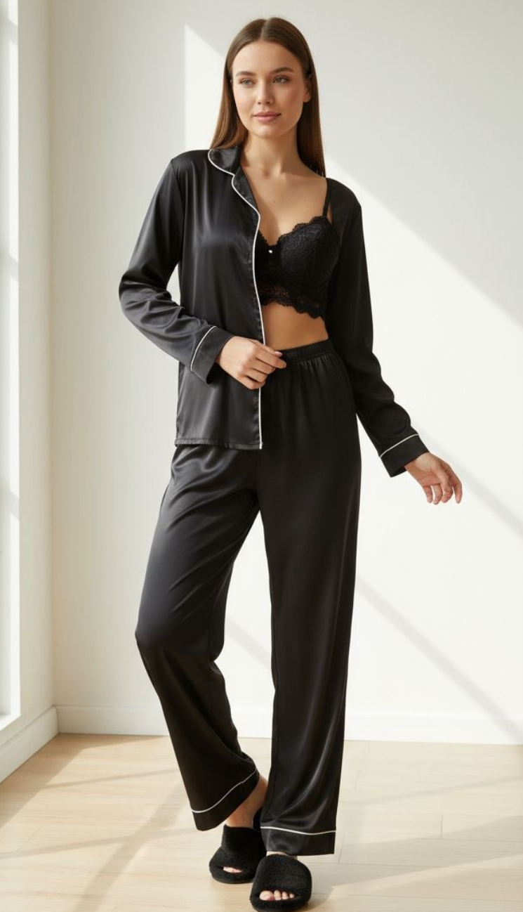 Black Retro Satin 4 Pieces Set