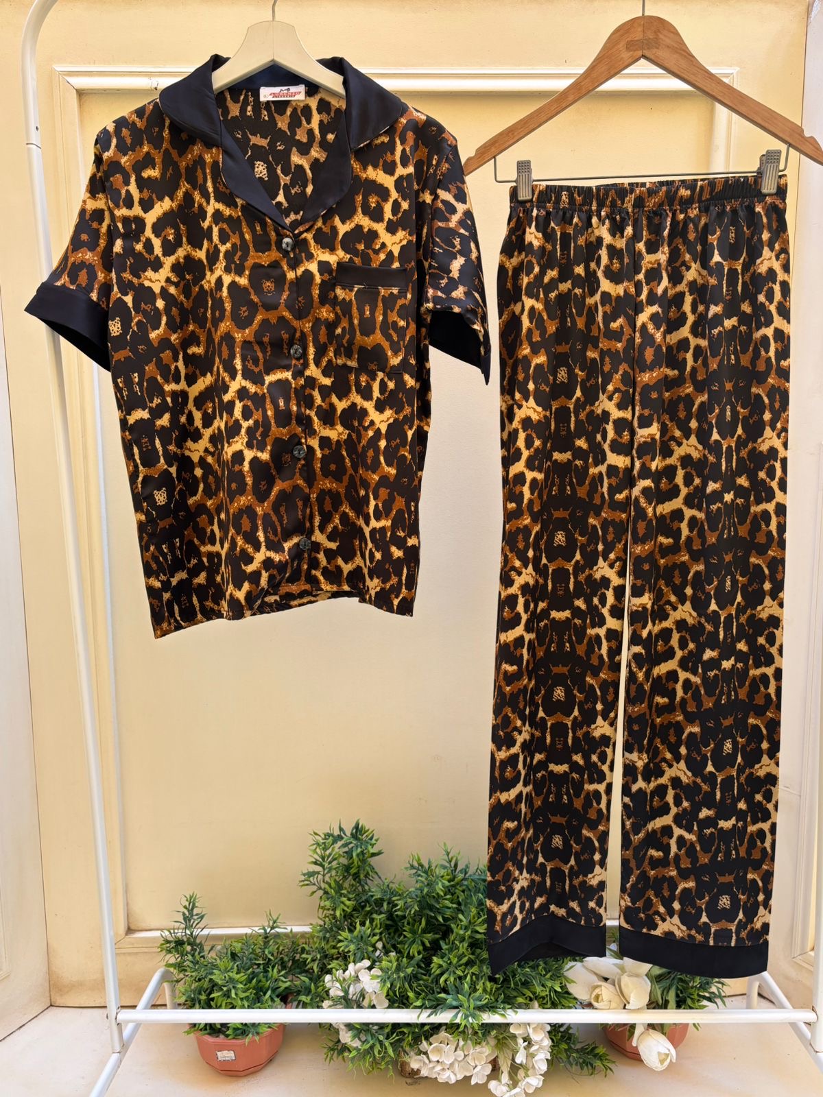 Leopard Half Sleeves Satin Set