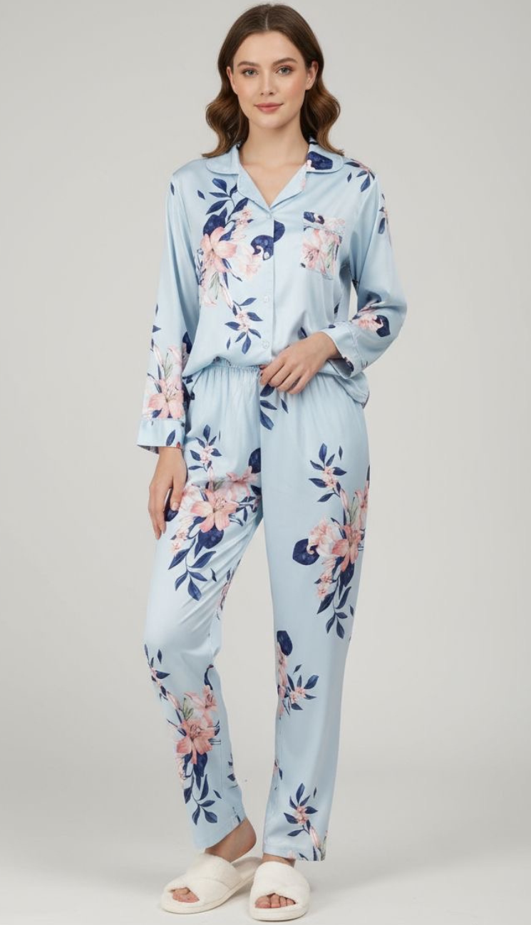 Baby Blue Flower Buttoned Set