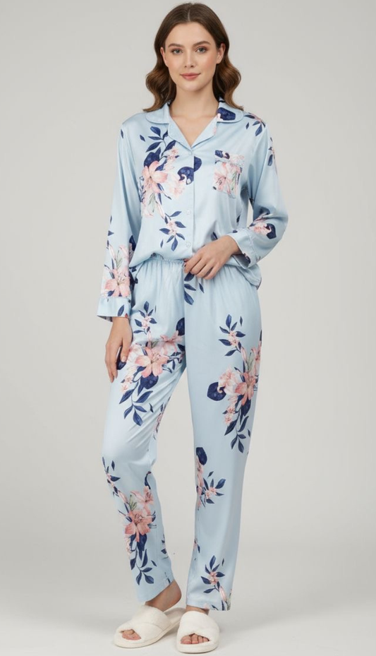 Baby Blue Flower Buttoned Set