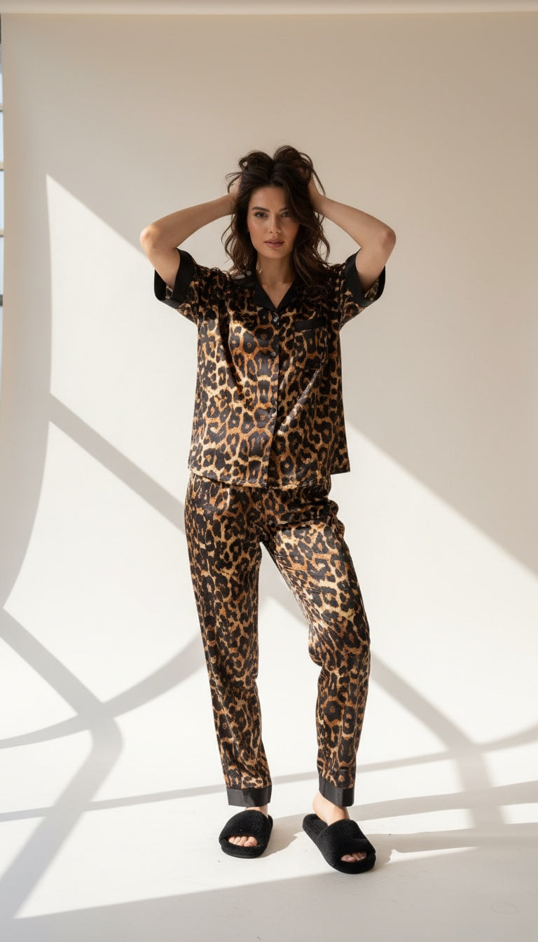 Leopard Half Sleeves Satin Set