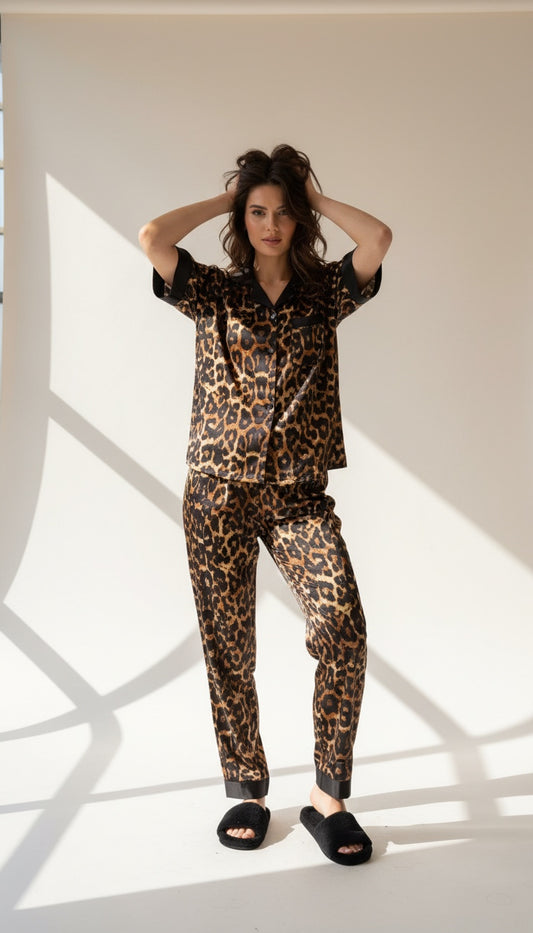 Leopard Half Sleeves Satin Set
