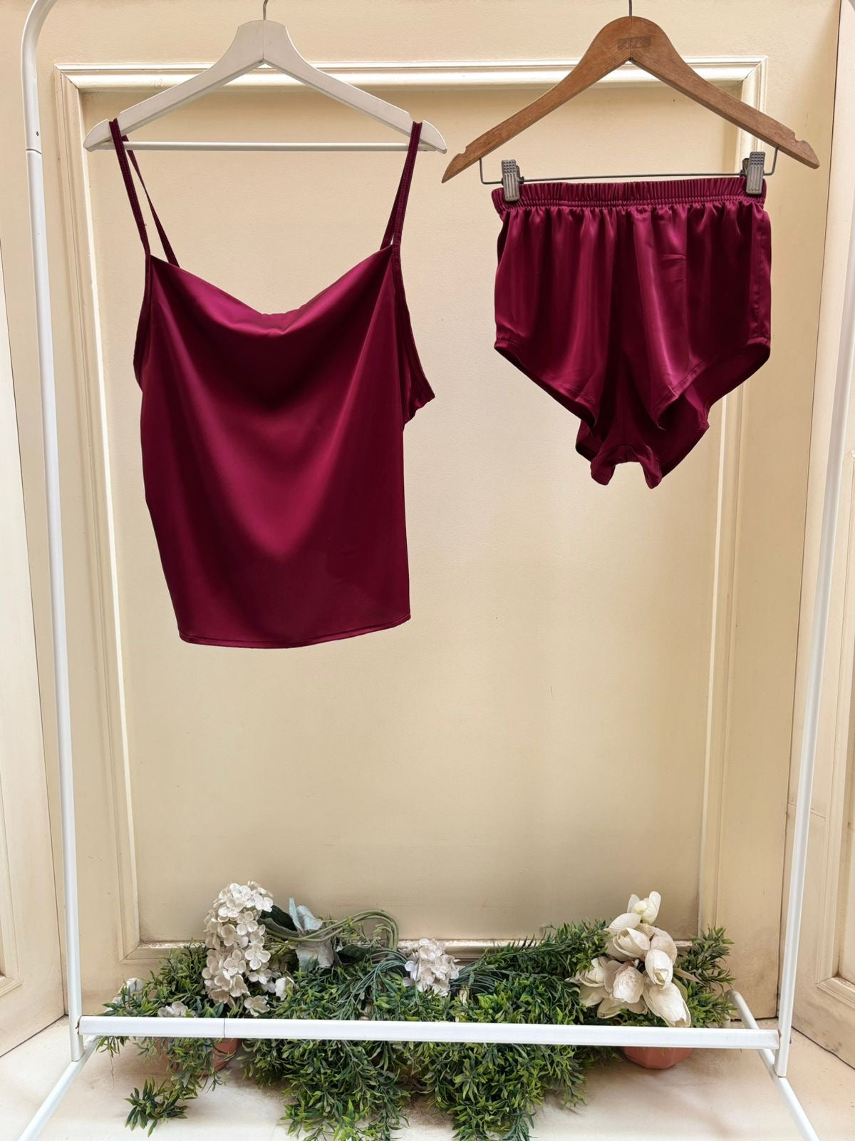 Cherry Plain Satin Shorts Set