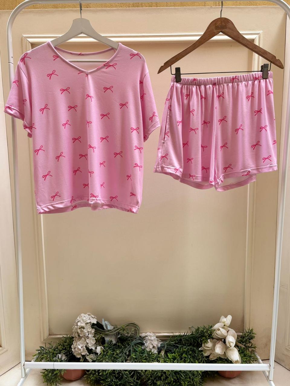 Pink Bow Shorts Set
