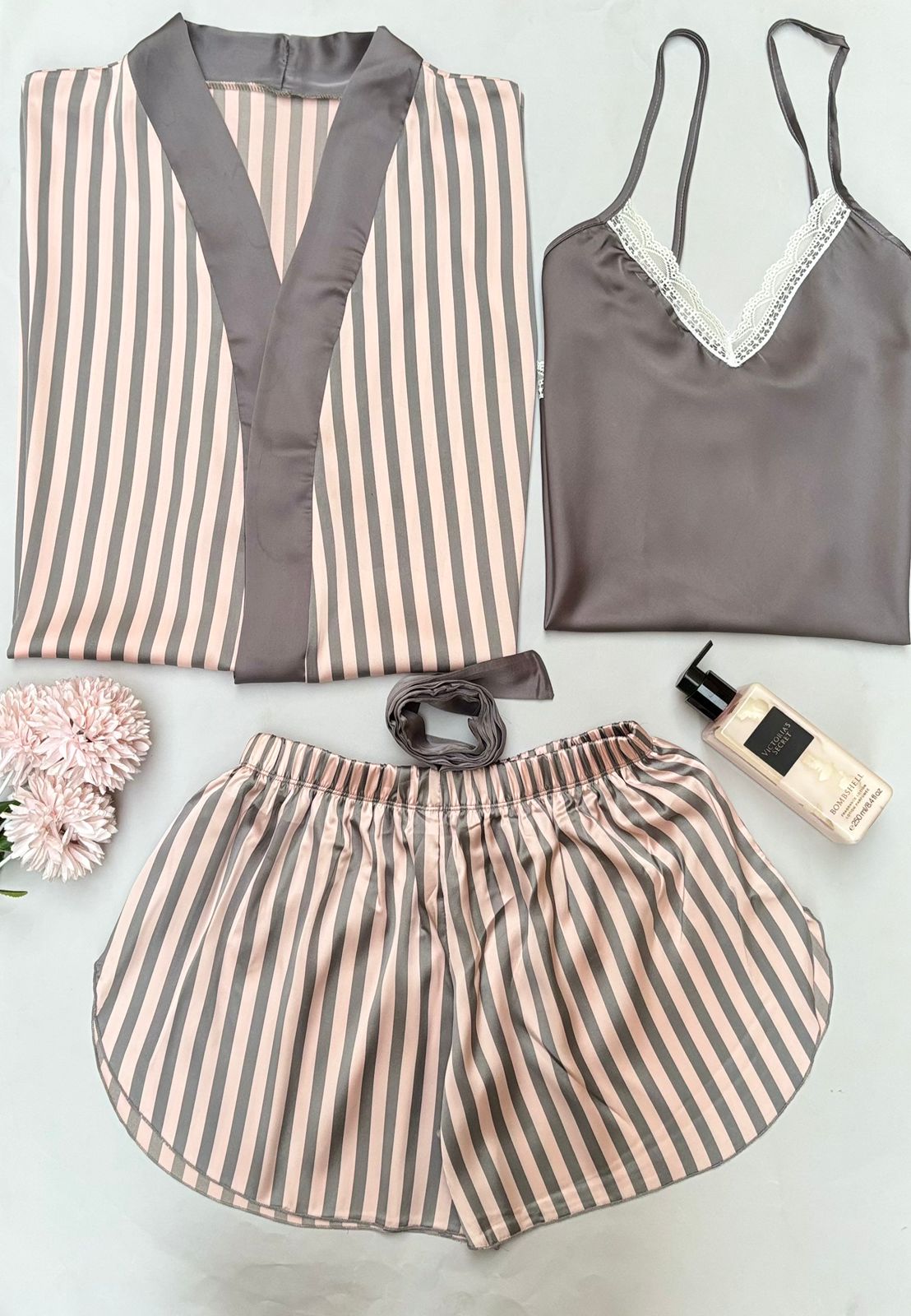 Robe Grey Stripes Satin Grey Top Set