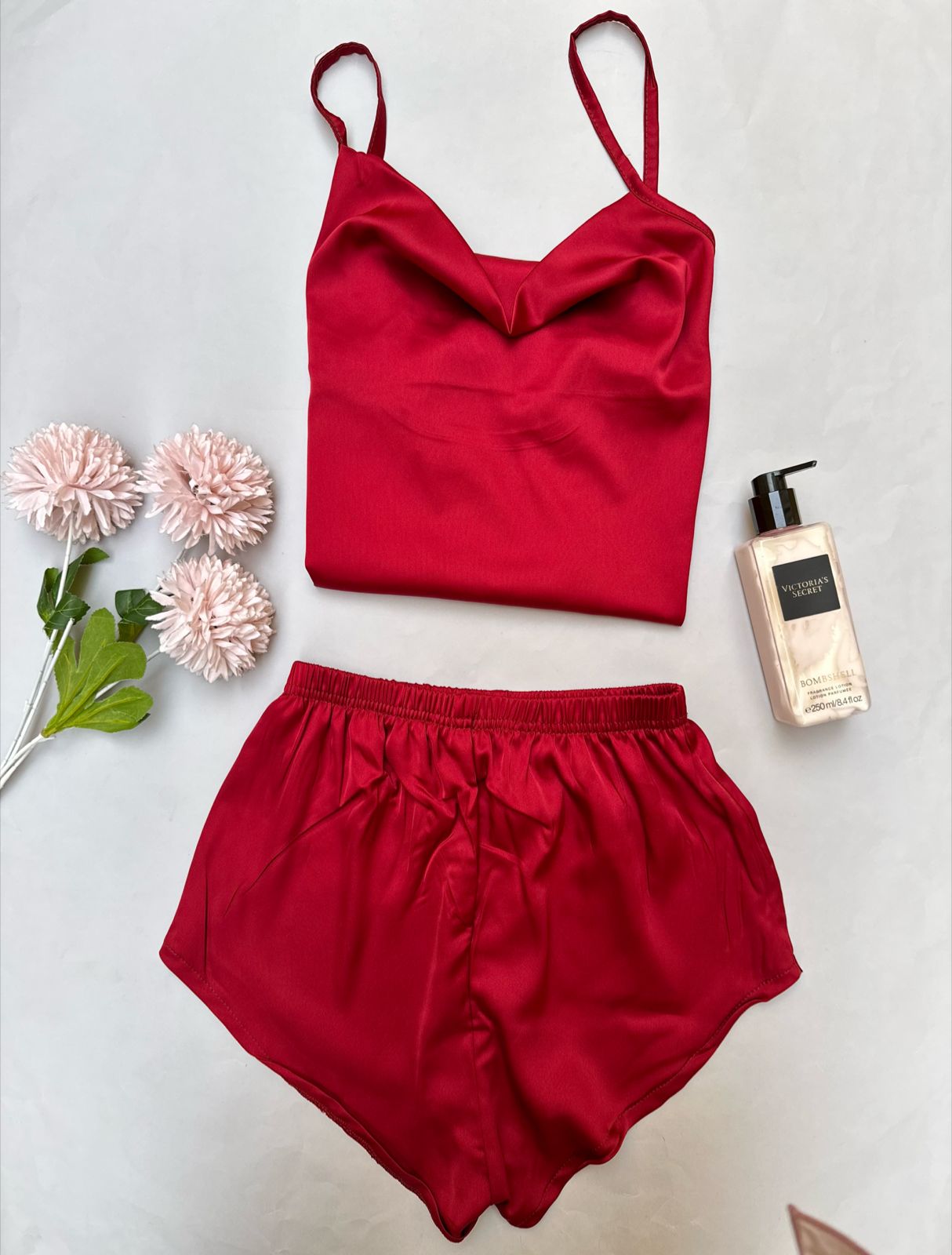 Red Plain Satin Shorts Set