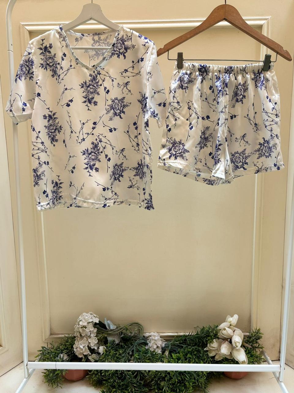 Blue Night Satin Shorts Set