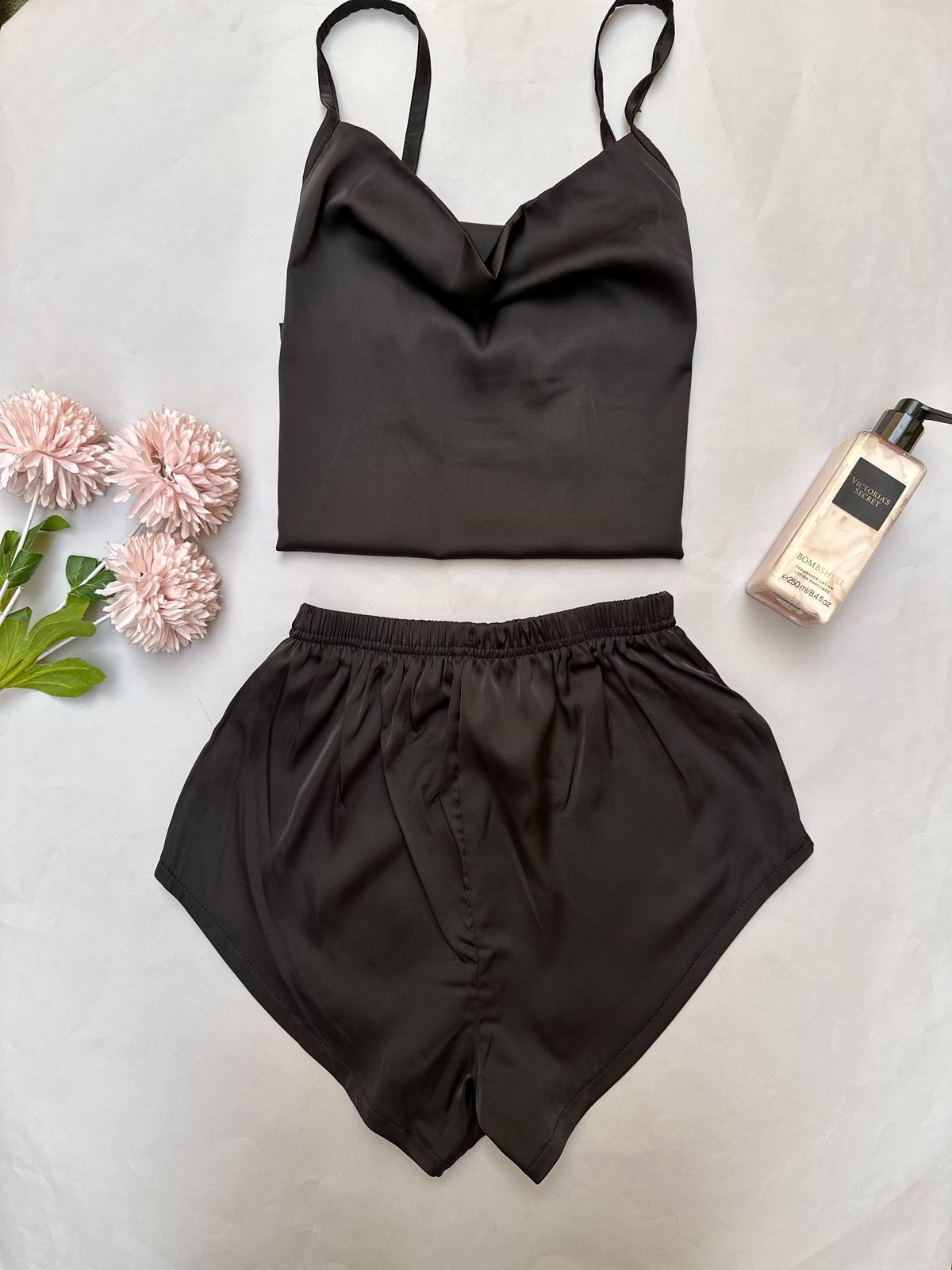 Black Plain Satin Shorts Set