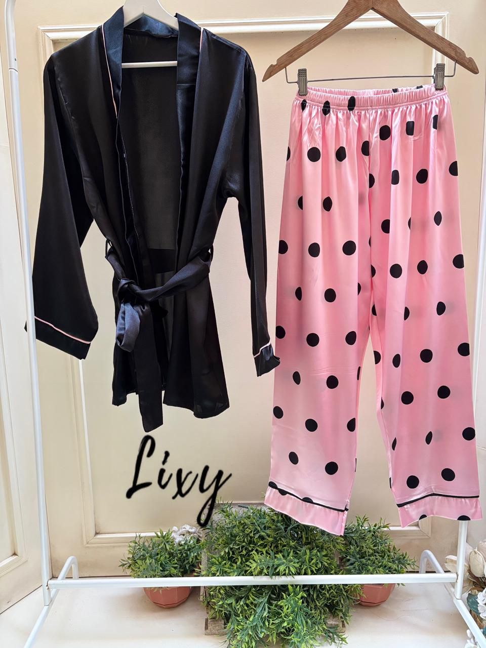 Pink Polka Black Robe Set