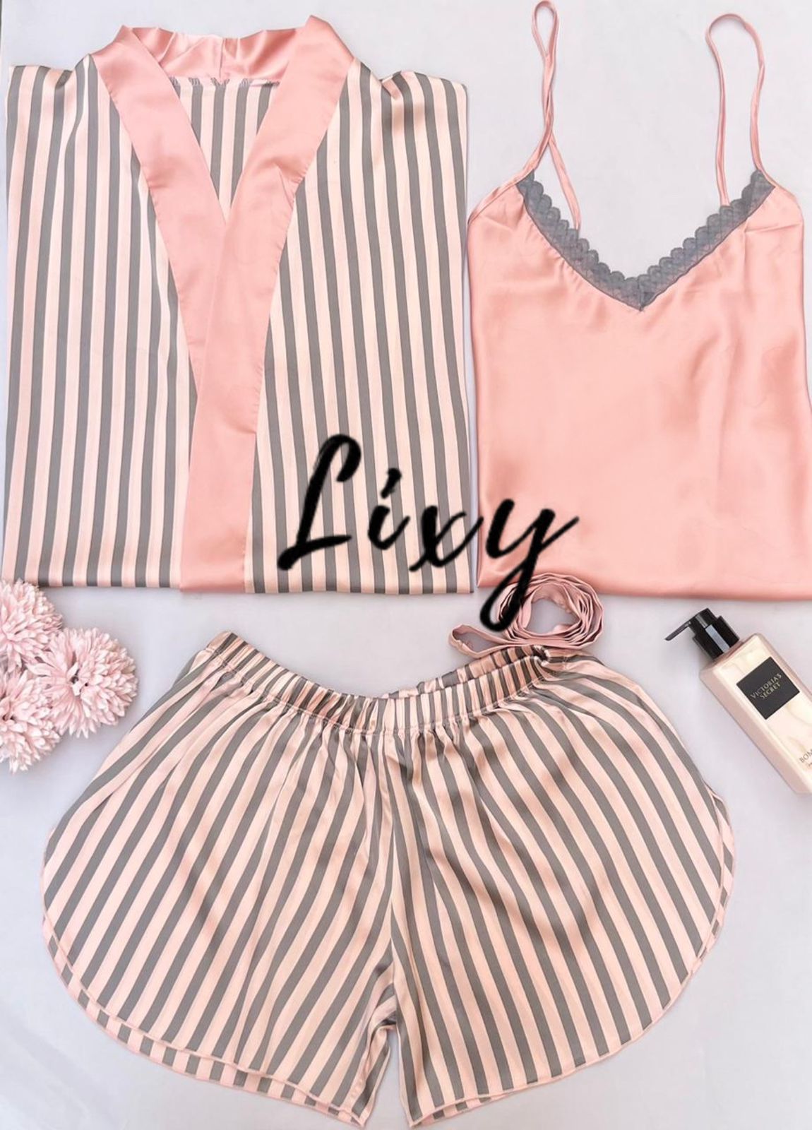 Robe Grey Stripes Satin Rose Top Set