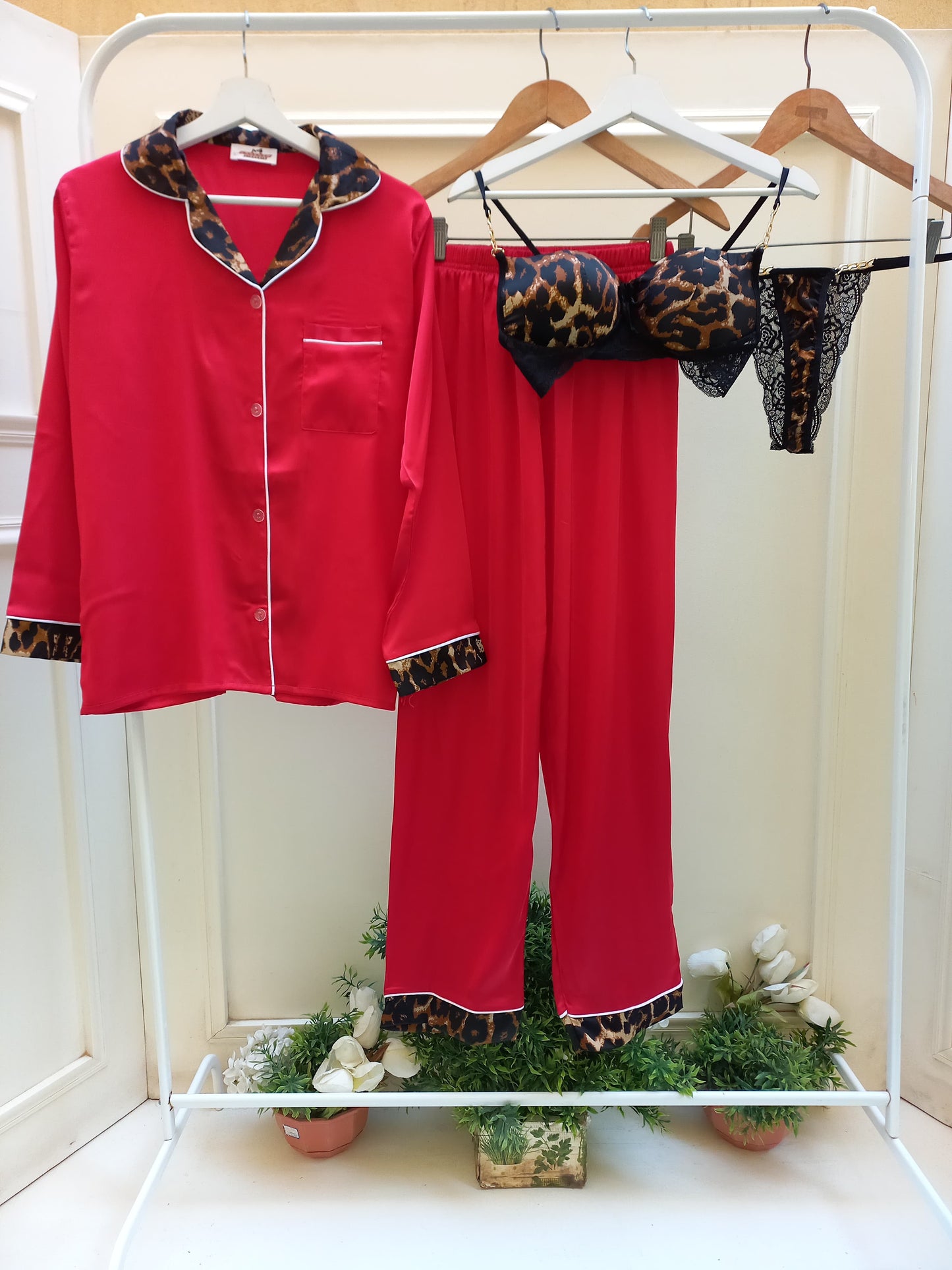 Red Leopard Satin Set