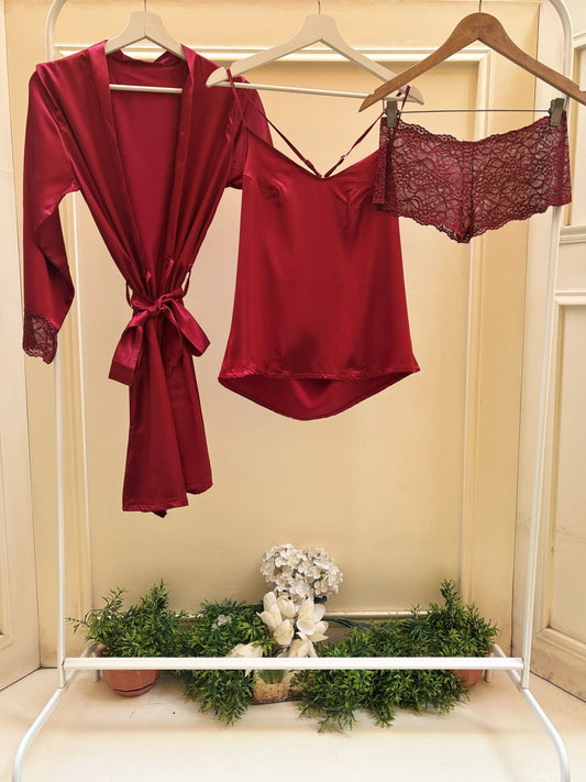 Burgundy Lace Satin Set