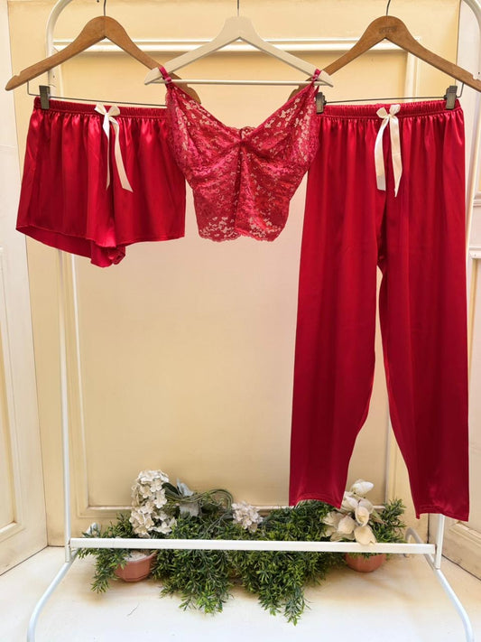 Red Satin Lace Set
