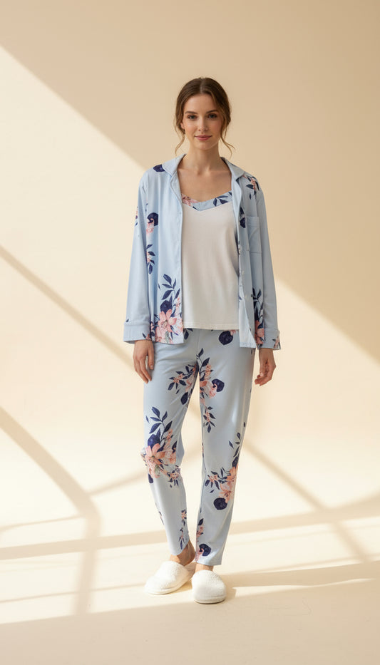 Baby Blue Flower 3 Pcs Buttoned Set