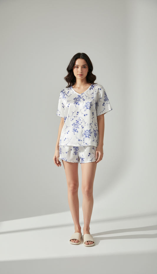 Blue Night Satin Shorts Set